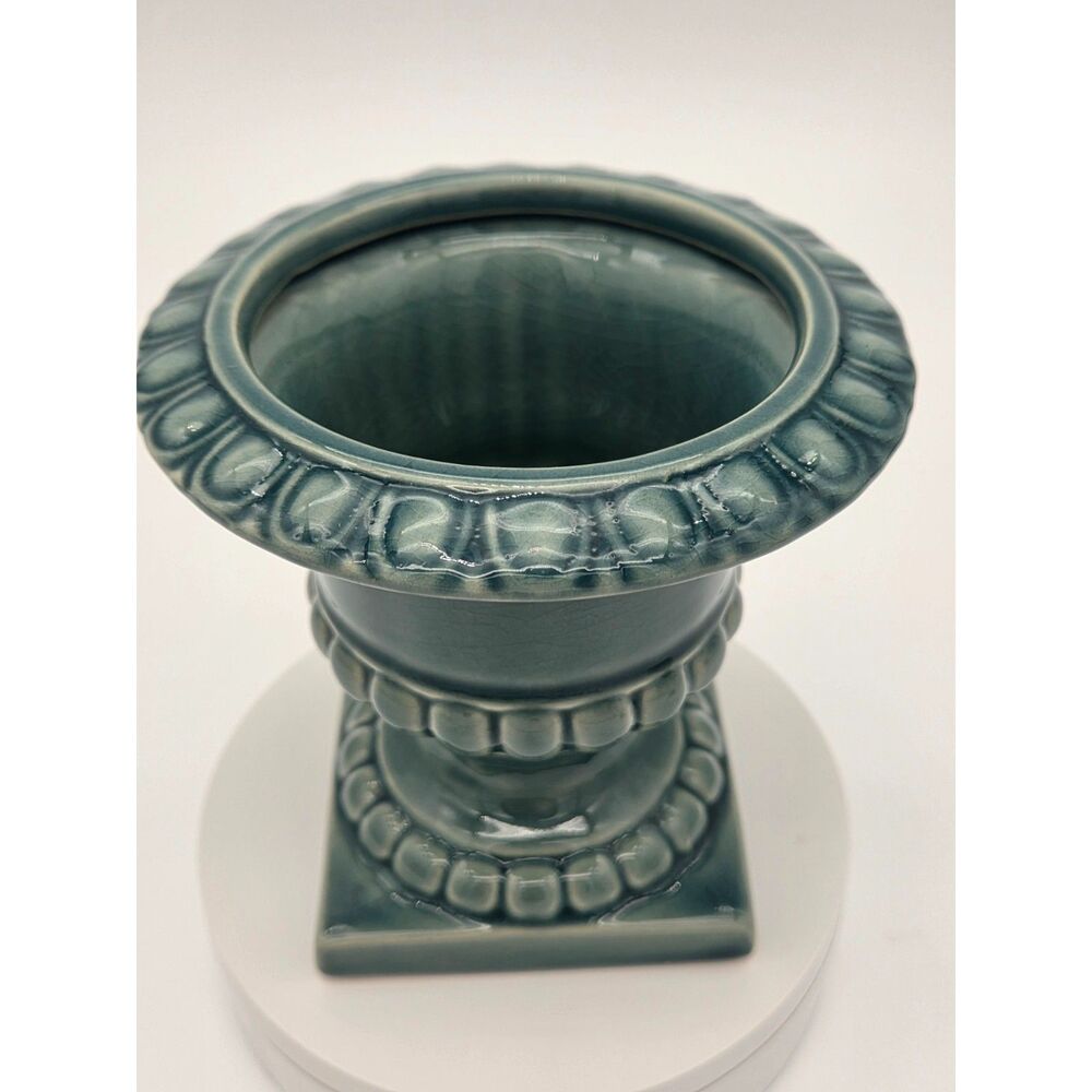 Vintage Haeger Teal Blue Ceramic Urn Planter Classical Egg and Dart